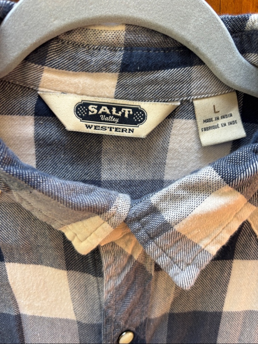 Salt Valley Western blue/white plaid long sleeved shirt with pearl snap buttons - Picture 2 of 4